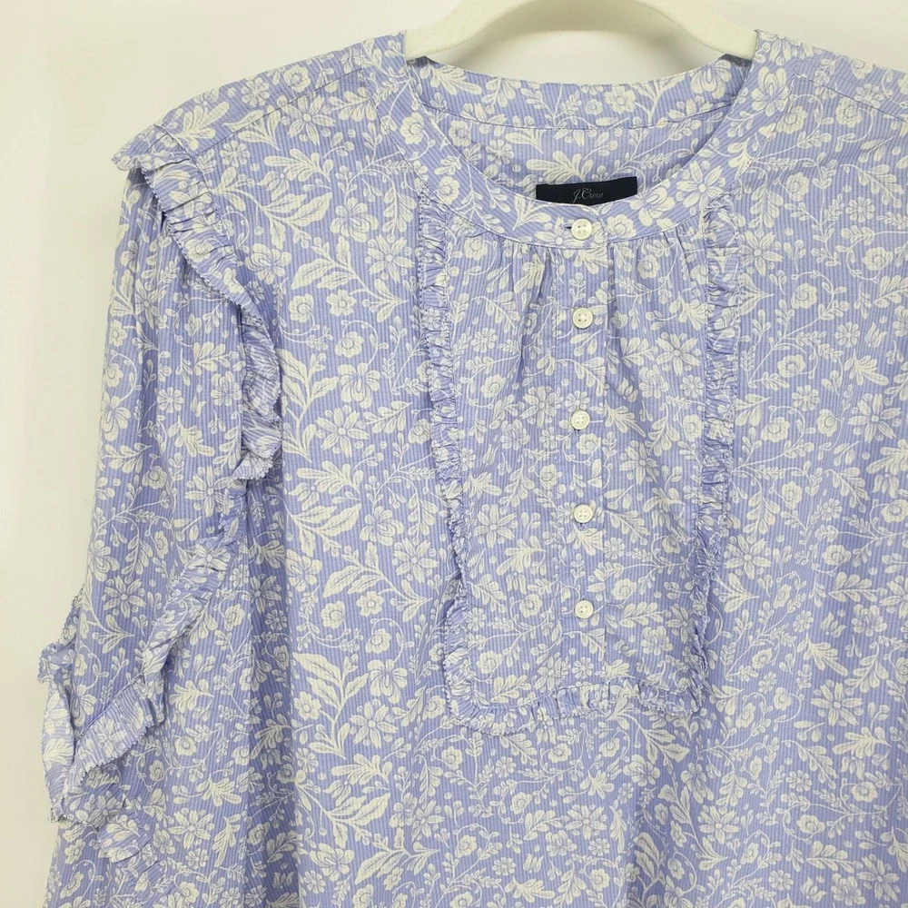J Crew Floral Ruffle Bib Blouse Top Women Size L Blue White Cotton Peasant NWT
